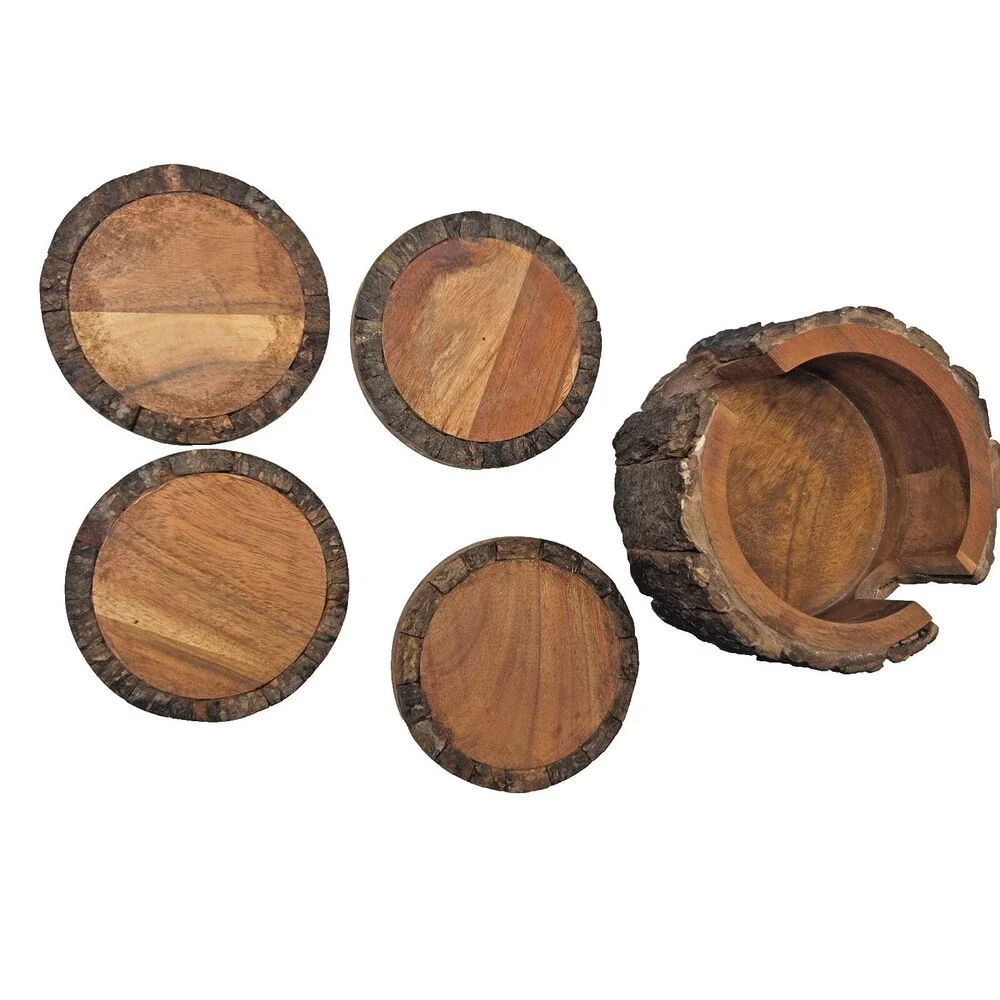 Set of 4 Rustic Primitive Live Edge Wooden Coasters with Holder